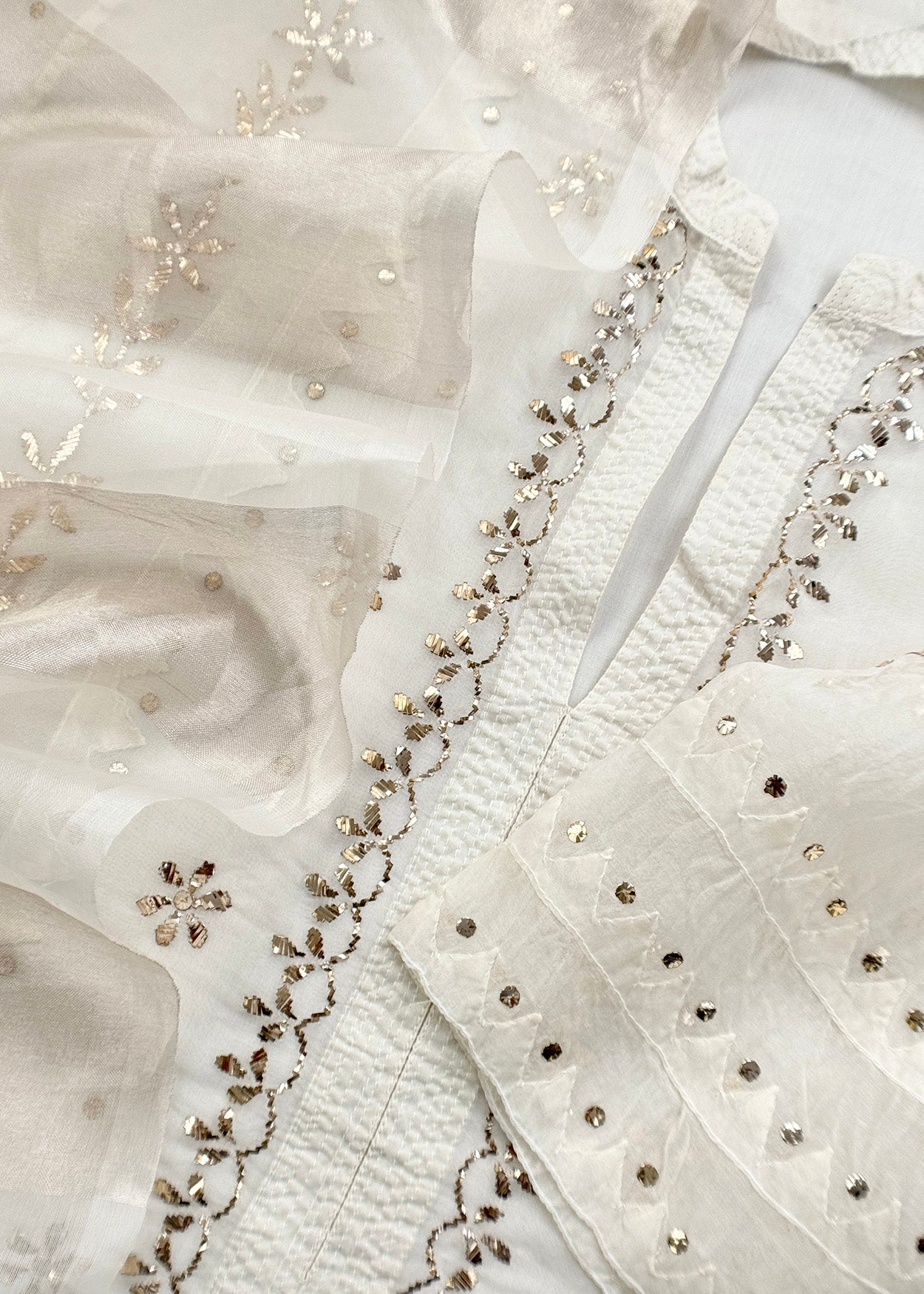 White Mukaish Handwork Pure Kora Silk Suit With Tissue Zari Panel Dupatta
