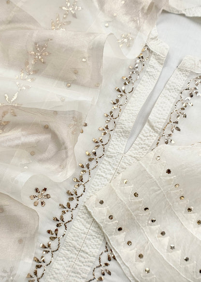 White Mukaish Handwork Pure Kora Silk Suit With Tissue Zari Panel Dupatta