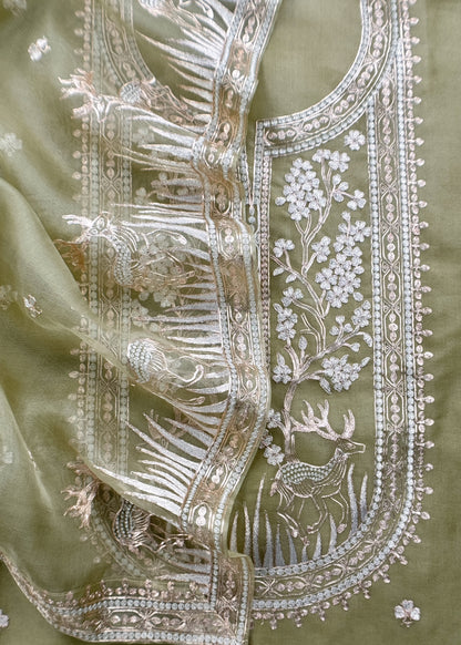 Luxe The Green Pure Kora Silk Suit With Gold And Silver Pitta Handwork