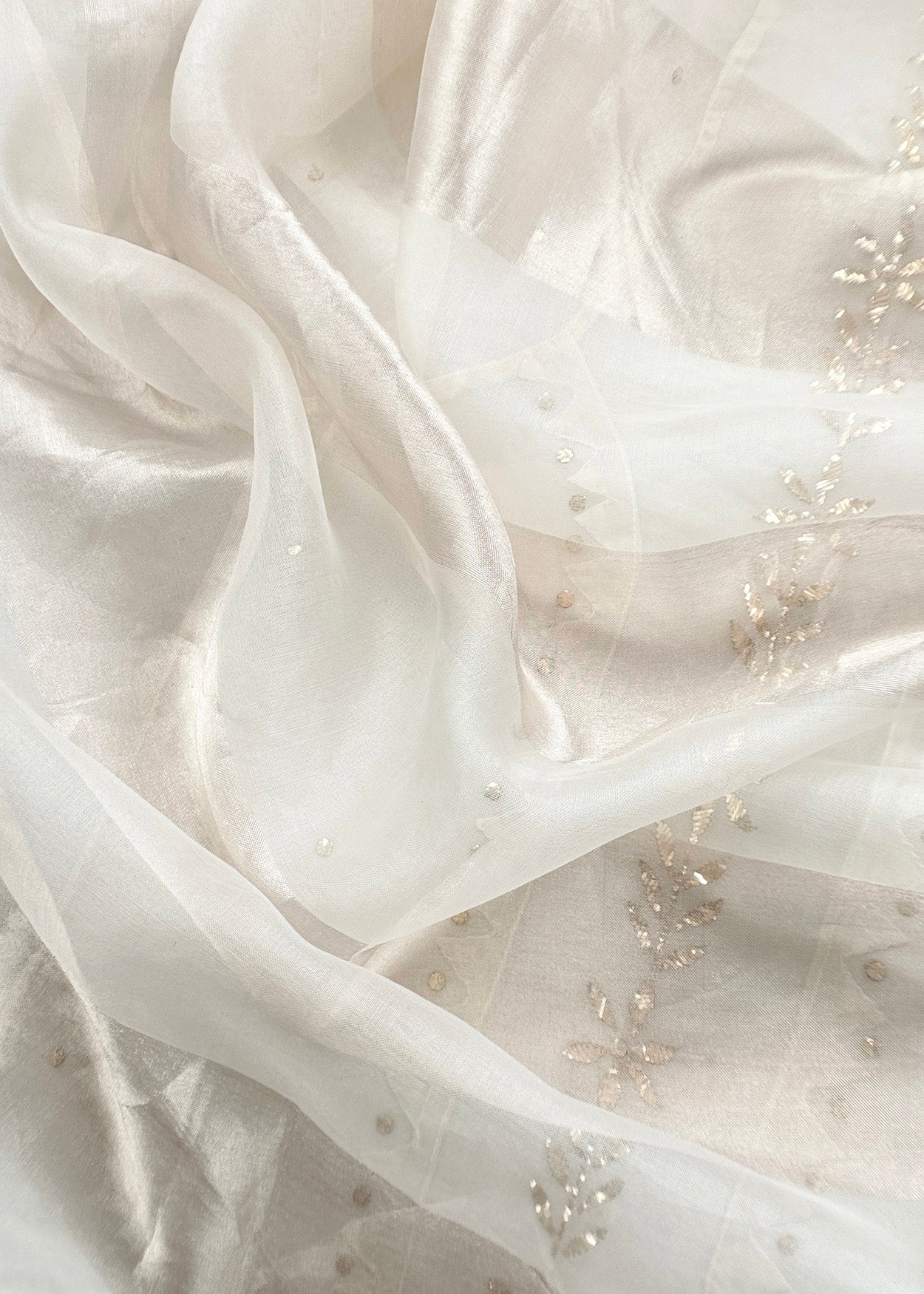 White Mukaish Handwork Pure Kora Silk Suit With Tissue Zari Panel Dupatta