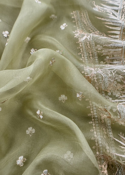 Luxe The Green Pure Kora Silk Suit With Gold And Silver Pitta Handwork
