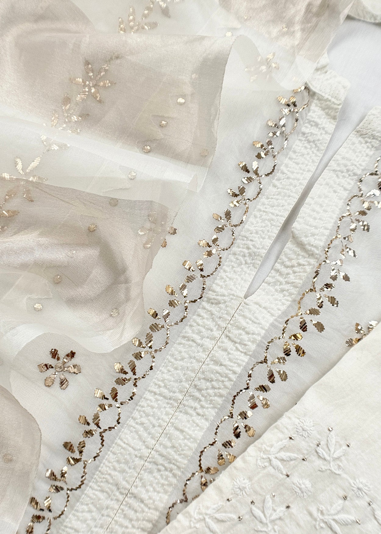 White Mukaish Handwork Pure Kora Silk Suit With Tissue Zari Panel Dupatta