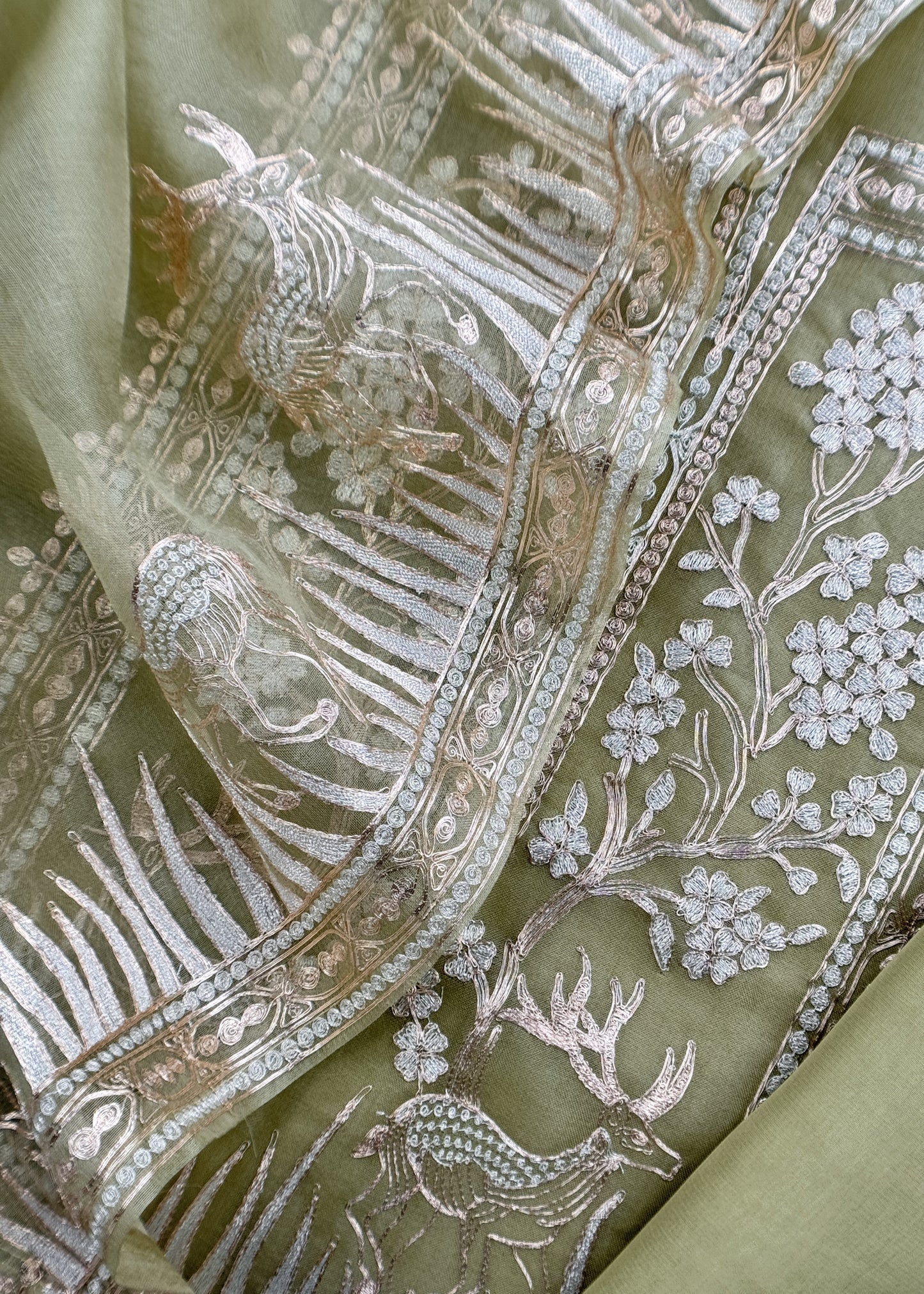 Luxe The Green Pure Kora Silk Suit With Gold And Silver Pitta Handwork