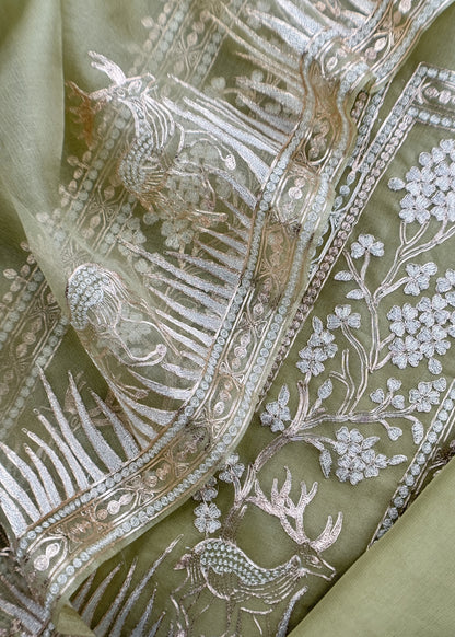 Luxe The Green Pure Kora Silk Suit With Gold And Silver Pitta Handwork
