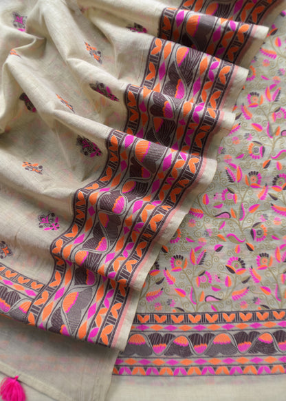 Madhubani Cotton Unstitched Suit with Meenakari Cutwork Weaving