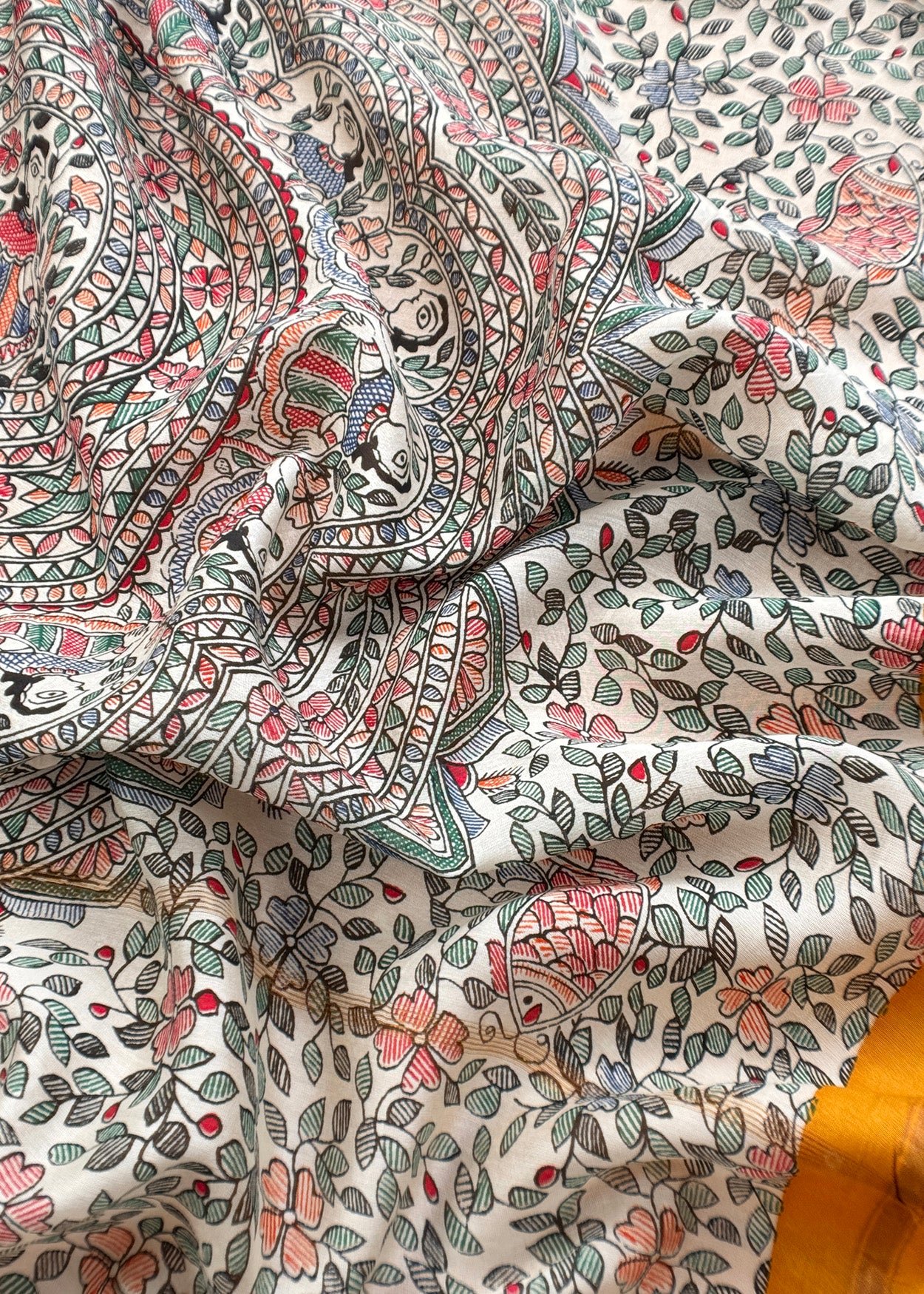 Yellow Bandhani Suit In Maheshwari With Madhubani Dupatta