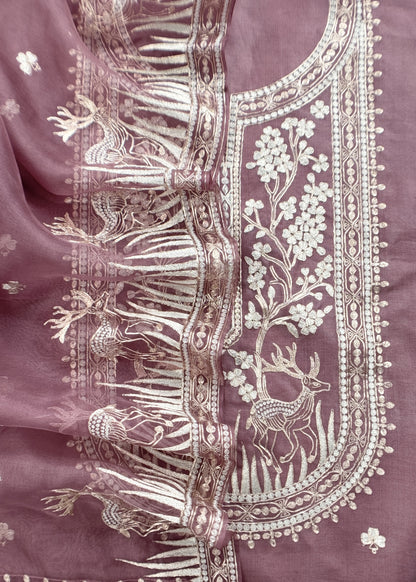 Luxe The Purple Pure Kora Silk Suit With Gold And Silver Pitta Handwork