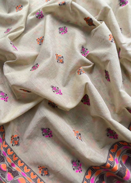 Madhubani Cotton Unstitched Suit with Meenakari Cutwork Weaving