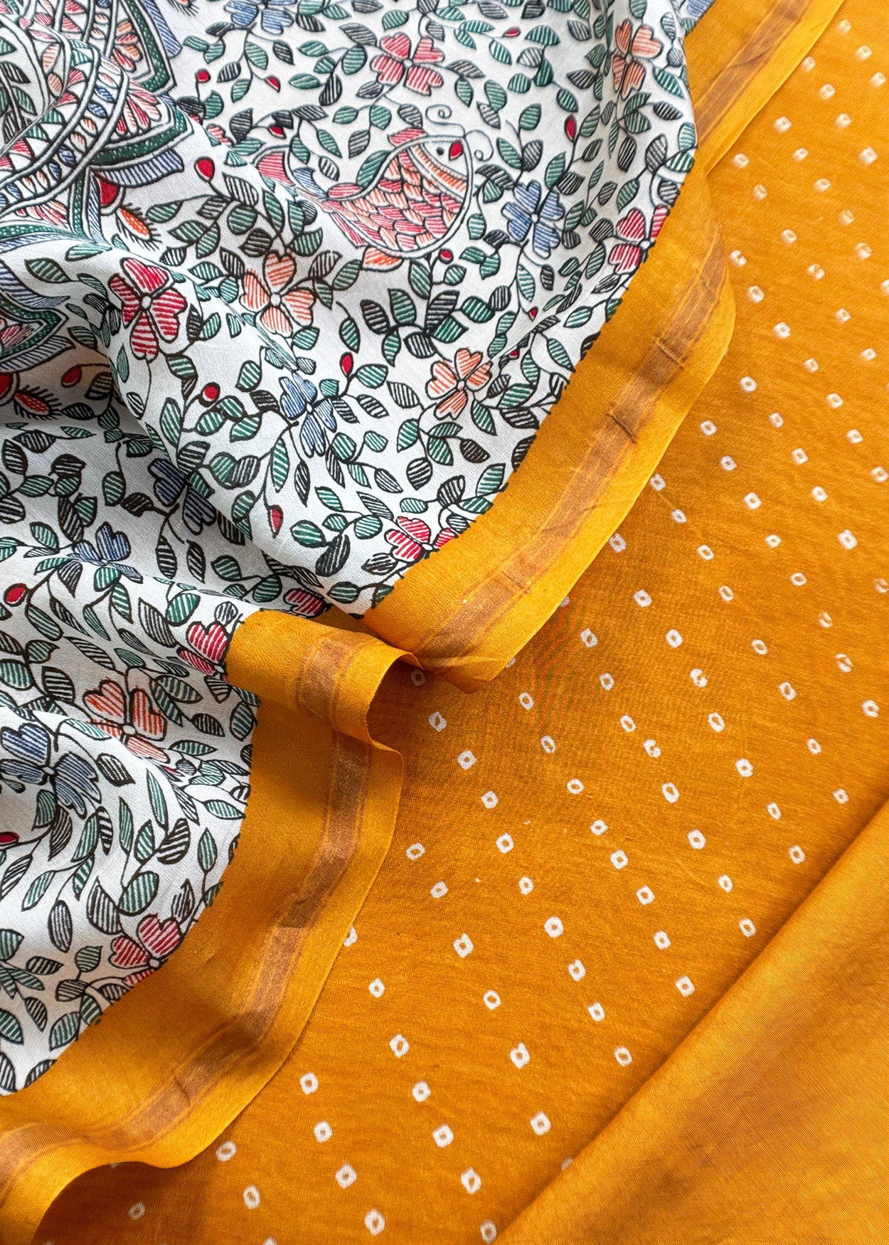 Yellow Bandhani Suit In Maheshwari With Madhubani Dupatta