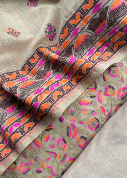 Madhubani Cotton Unstitched Suit with Meenakari Cutwork Weaving