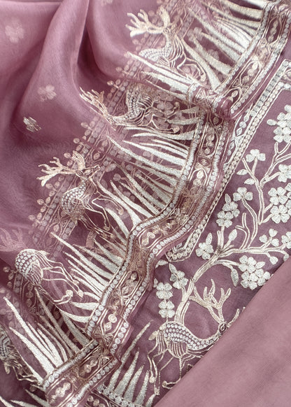 Luxe The Purple Pure Kora Silk Suit With Gold And Silver Pitta Handwork