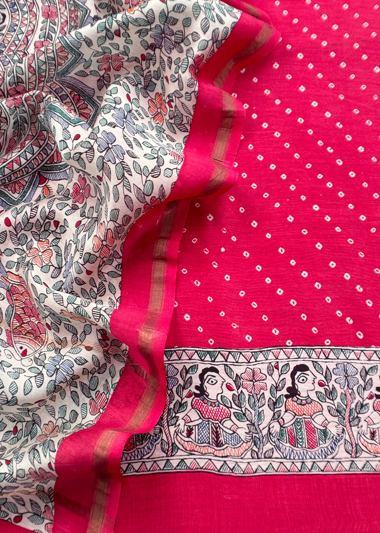 Bandhani Suit In Maheshwari With Madhubani Dupatta