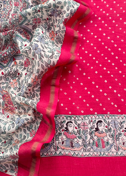 Bandhani Suit In Maheshwari With Madhubani Dupatta