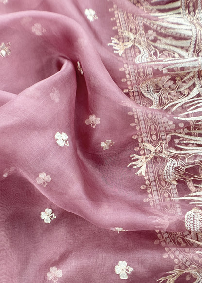 Luxe The Purple Pure Kora Silk Suit With Gold And Silver Pitta Handwork