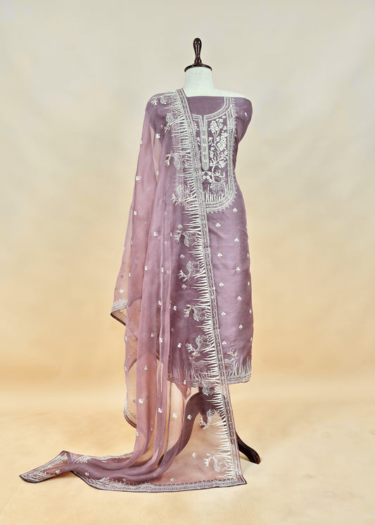 Luxe The Purple Pure Kora Silk Suit With Gold And Silver Pitta Handwork