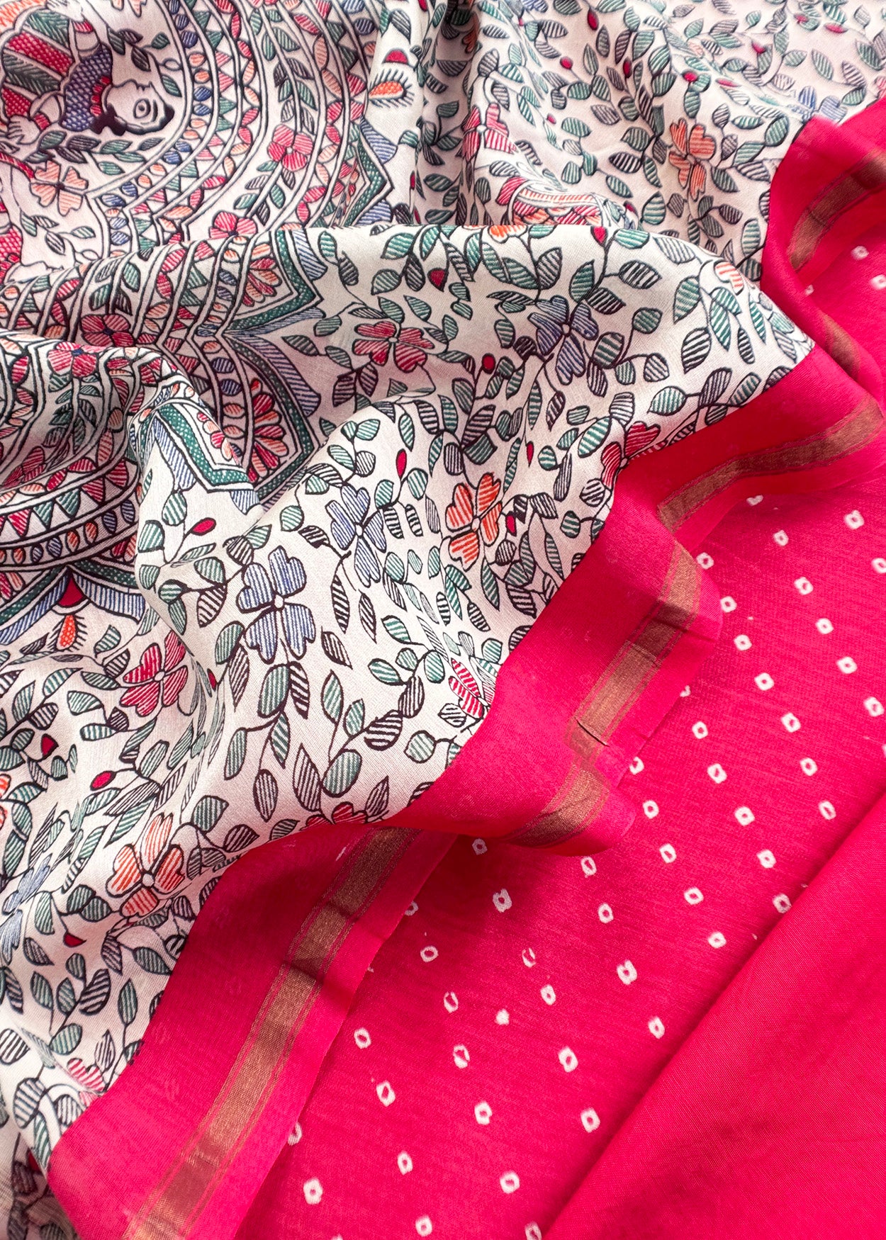 Bandhani Suit In Maheshwari With Madhubani Dupatta