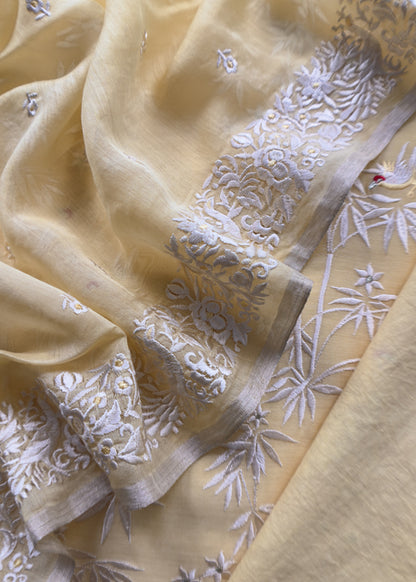 Buttercream yellow Chidiya Embroidered Unstitched Suit In Pure Organza