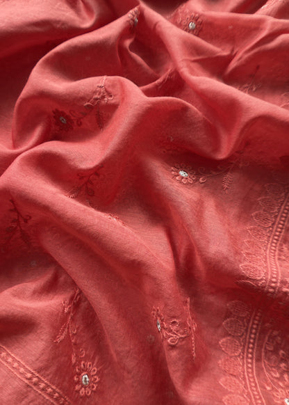 Desire Red Chikankari Embroidered Mul Cotton Unstitched Suit Fabric