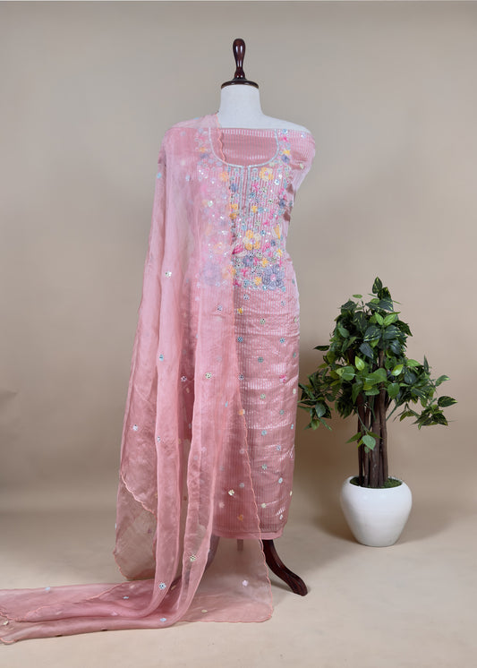 Luxe Peach Unstitched Dupatta Suit In Handloom Tissue Silk With Sequins And Pastel Embroidery