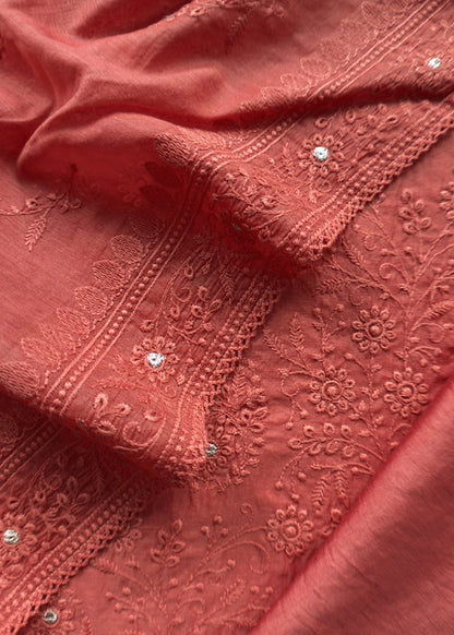 Desire Red Chikankari Embroidered Mul Cotton Unstitched Suit Fabric