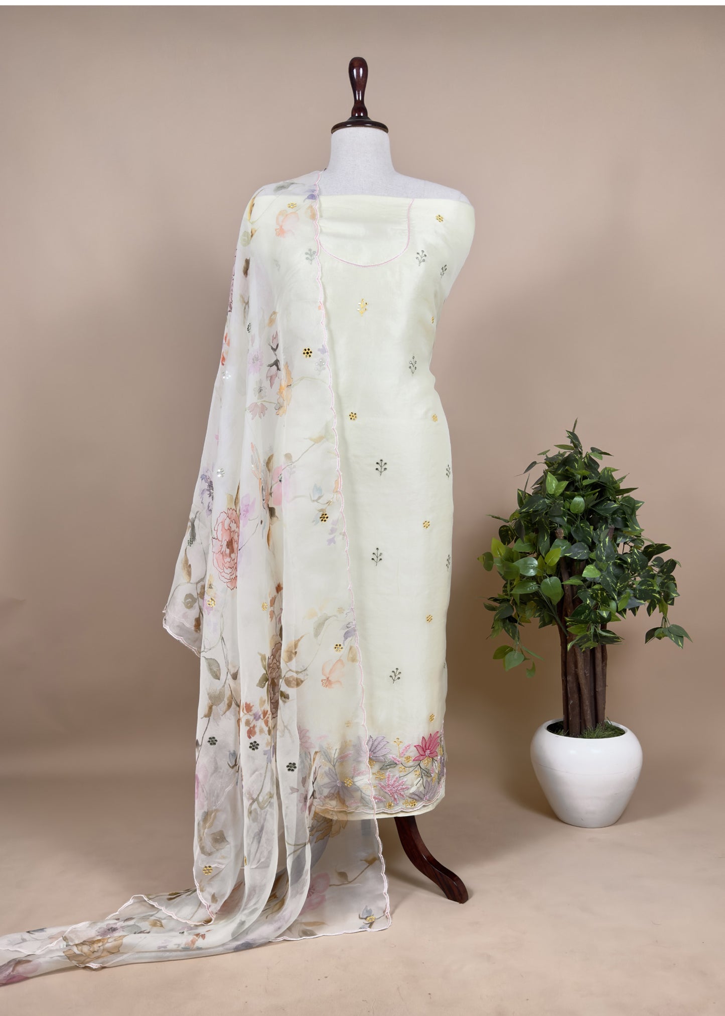 Ivory Hand Embroidered organza Silk Suit With Gotta Patti Dupatta