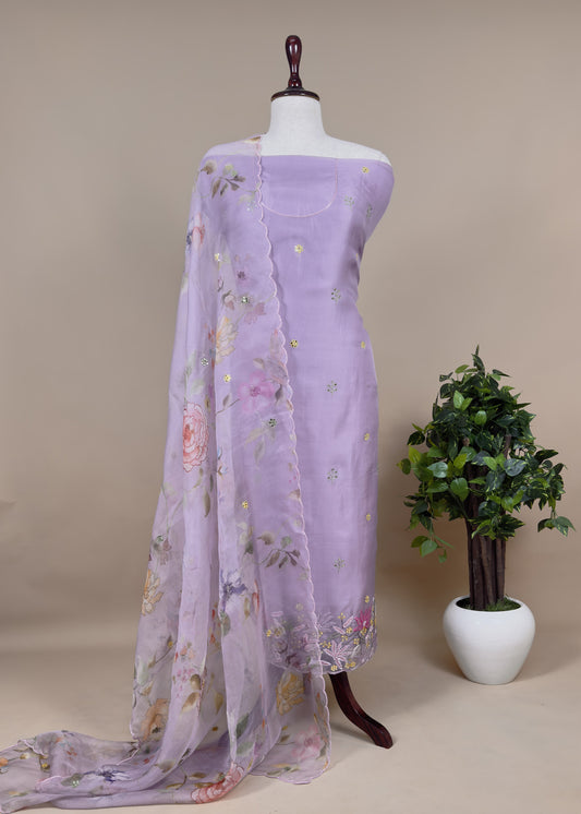 Purple Hand Embroidered Organza Silk Suit With Gotta Patti Dupatta