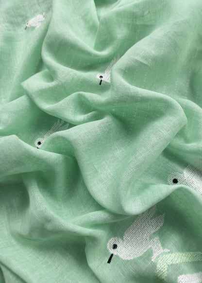 Green Kantha Embroidered Chidiya Unstitched Suit In Linen