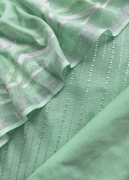 Green Kantha Embroidered Chidiya Unstitched Suit In Linen