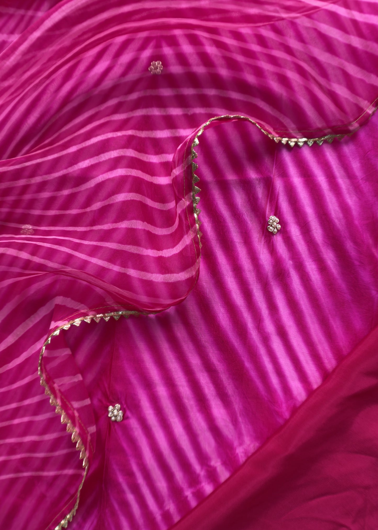 Rani Pink Leheriya Upada Silk Suit With Organza Dupatta And Gotta Patti Handwork