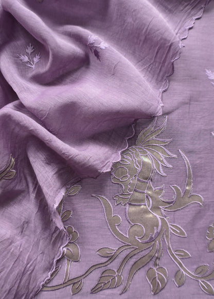 Mauve Pure Mul Chanderi Suit With Tissue Applique Work