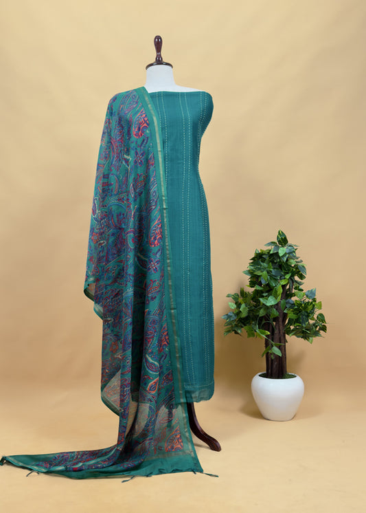 Teal Blue Maheshwari Silk Suit Fabric With Floral Dupatta And Kantha Stitch Hand Embroidery