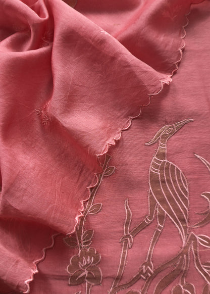 ⁠Blush Pink Pure Mul Chanderi Suit With Tissue Applique Work