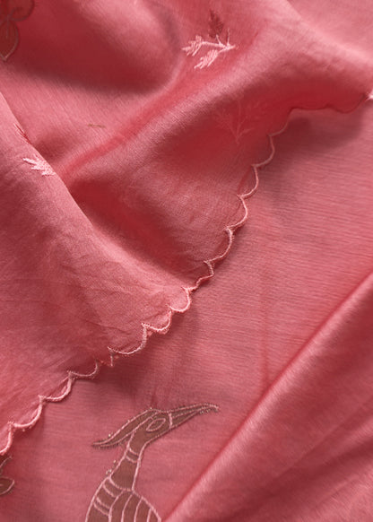 ⁠Blush Pink Pure Mul Chanderi Suit With Tissue Applique Work
