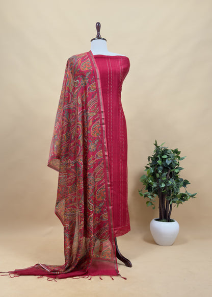 Teal Blue Maheshwari Silk Suit Fabric With Floral Dupatta And Kantha Stitch Hand Embroidery