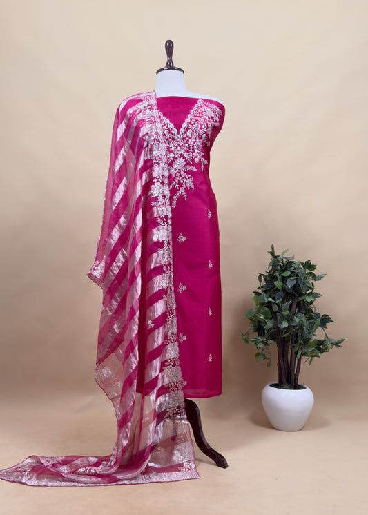 Rani Pink Silk Unstitched Suit With Pitta Work