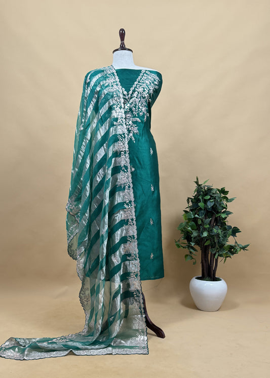 Green Silk Unstitched Suit With Pitta Work