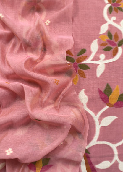 Flamingo Pink Chidiya Jamdani Suit In Linen Chanderi Fabric