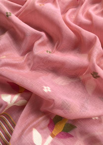 Flamingo Pink Chidiya Jamdani Suit In Linen Chanderi Fabric