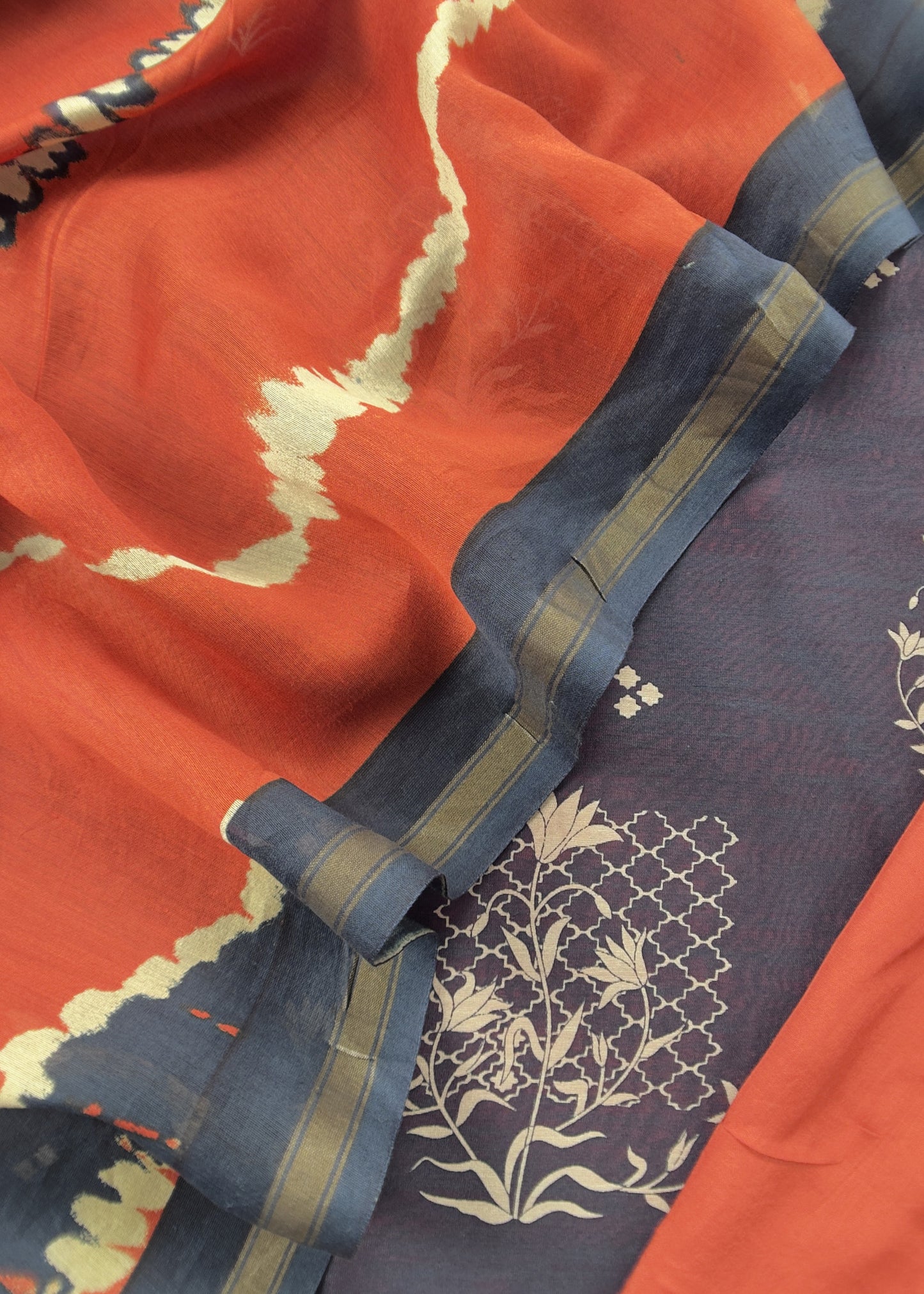 Blue with Orange Handloom Patola Unstitched Suit in Maheshwari Silk