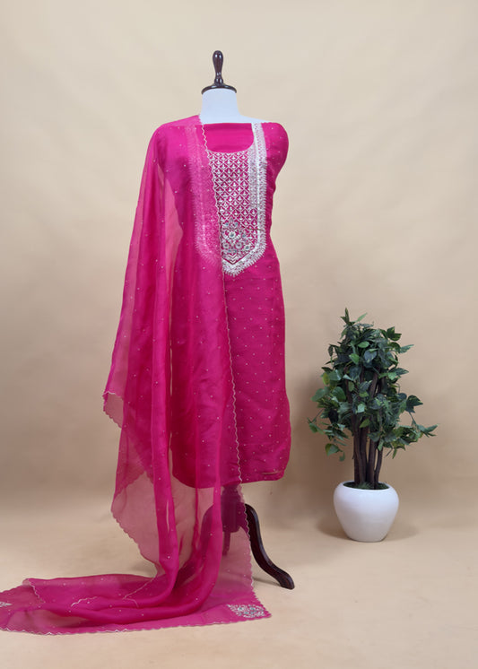 Rani Pink Pure Kora Silk Suit In Zardori Handwork