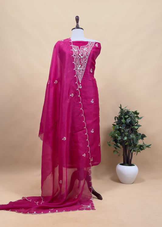 Mexican Pink Chidiya Organza Silk Suit Fabric With Dori, Dabka Hand Embroidery
