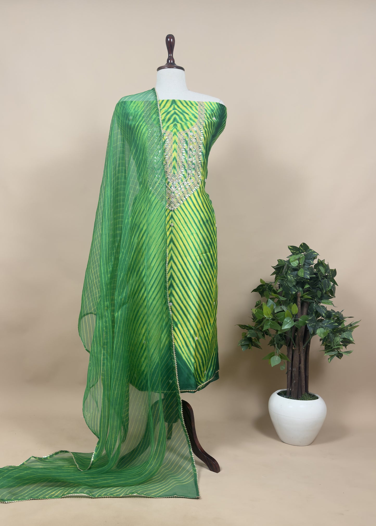 Festive Green Leheriya Upada Silk Suit With Organza Dupatta And Gotta Patti Handwork