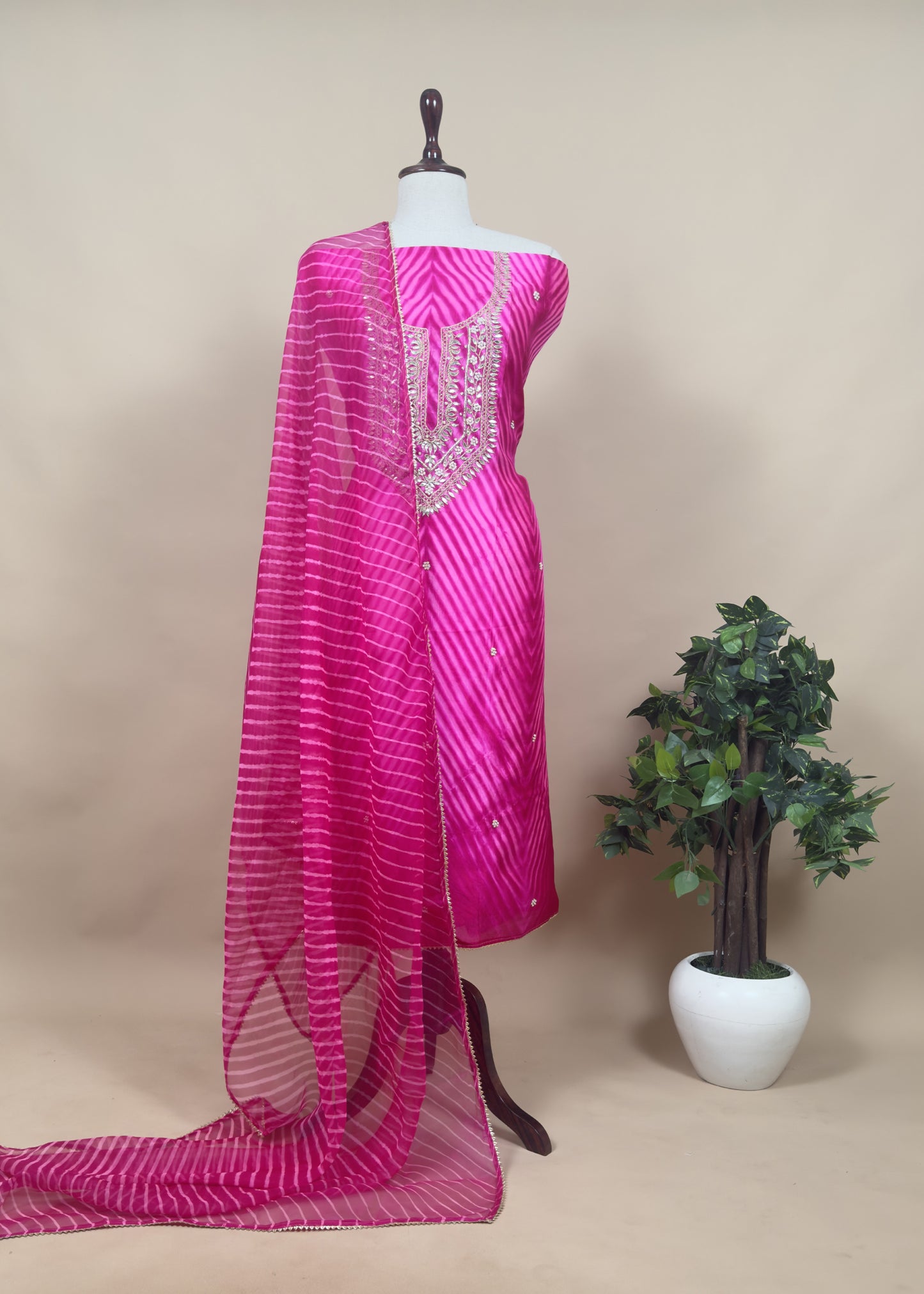 Rani Pink Leheriya Upada Silk Suit With Organza Dupatta And Gotta Patti Handwork