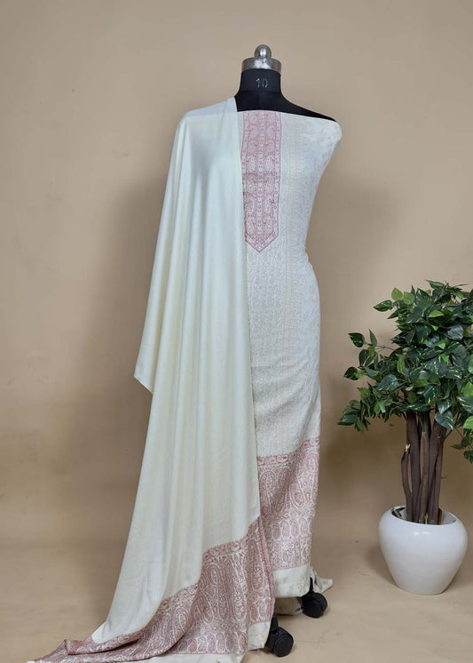 Off-White Silk Suit With Kani Zari Weaving