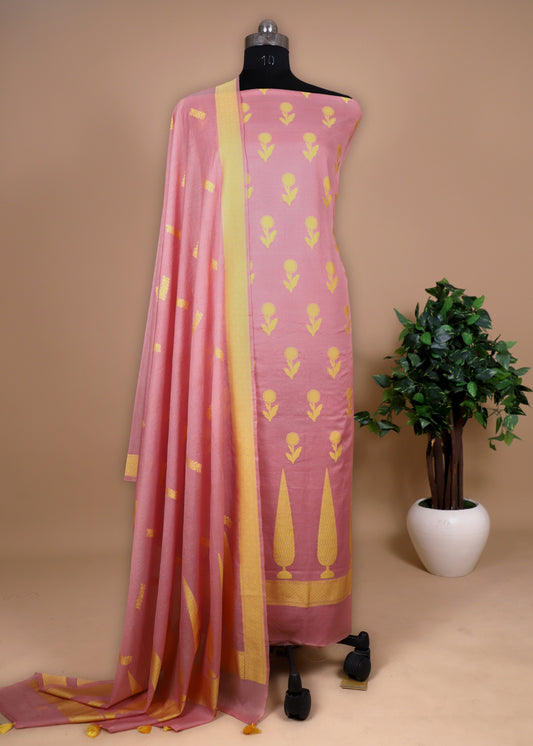 Pink Banarasi Handloom Cotton Unstitched silk Suit With Contrast