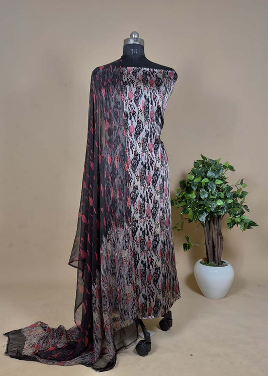 Black Pure Satin Silk Suit In Digital Print Dupatta