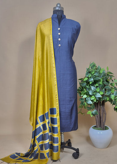 Blue Maheshwari Suit With Clamping Dupatta