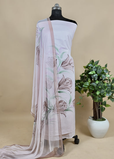 Light Pink Handpainted Cotton Suit With Chiffon Dupatta