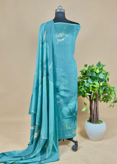Turquoise Blue Abstract Unstitched Cotton Suit With Dupatta