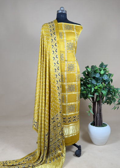 Daffodil Yellow Gharchola Unstitched Suit With Modal Silk